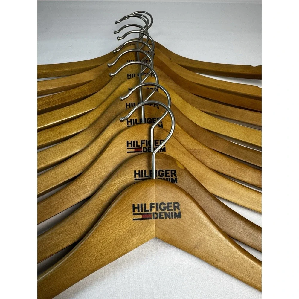 VTG HILFIGER DENIM SOLID WOOD HANGERS Lot Of 10 Retail Display Discontinued HTF